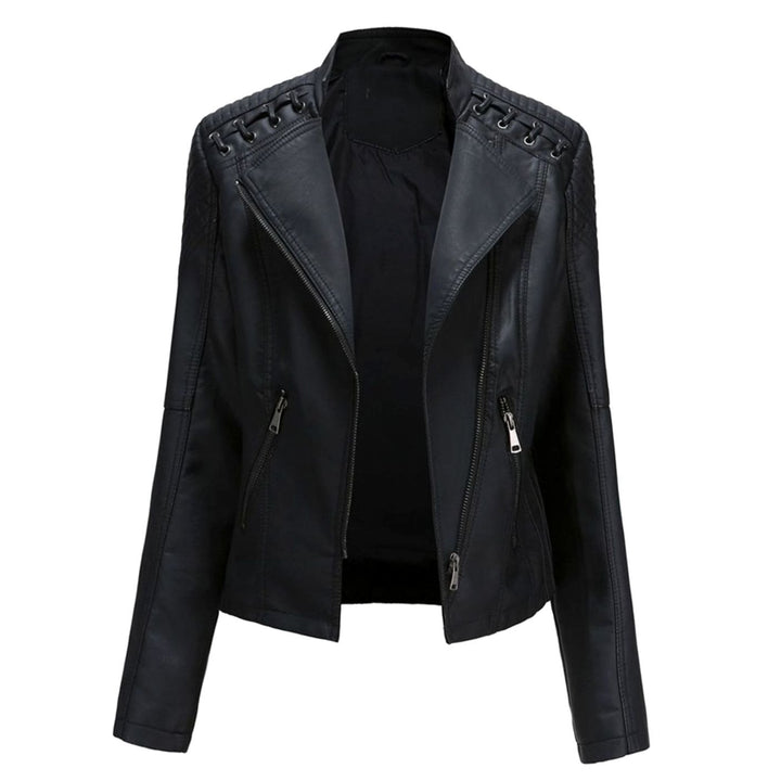 Women's Faux Leather Zipper Front Jacket Quilted Shoulder Moto - Black