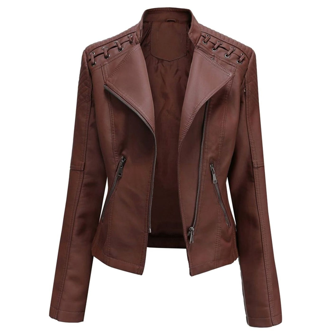 Women's Faux Leather Zipper Front Jacket Quilted Shoulder Moto - Coffee