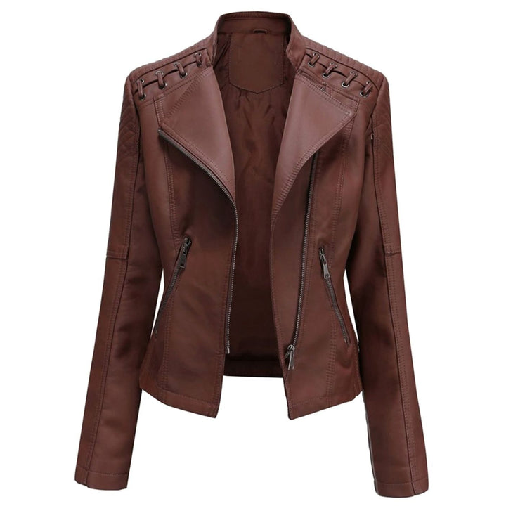 Women's Faux Leather Zipper Front Jacket Quilted Shoulder Moto - Coffee