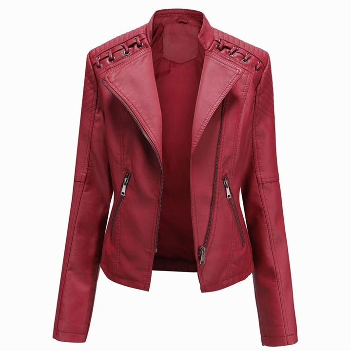 Women's Faux Leather Zipper Front Jacket Quilted Shoulder Moto - Burgundy