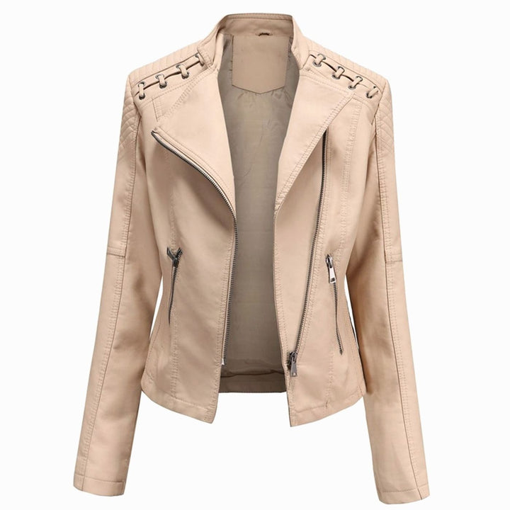 Women's Faux Leather Zipper Front Jacket Quilted Shoulder Moto - Khaki