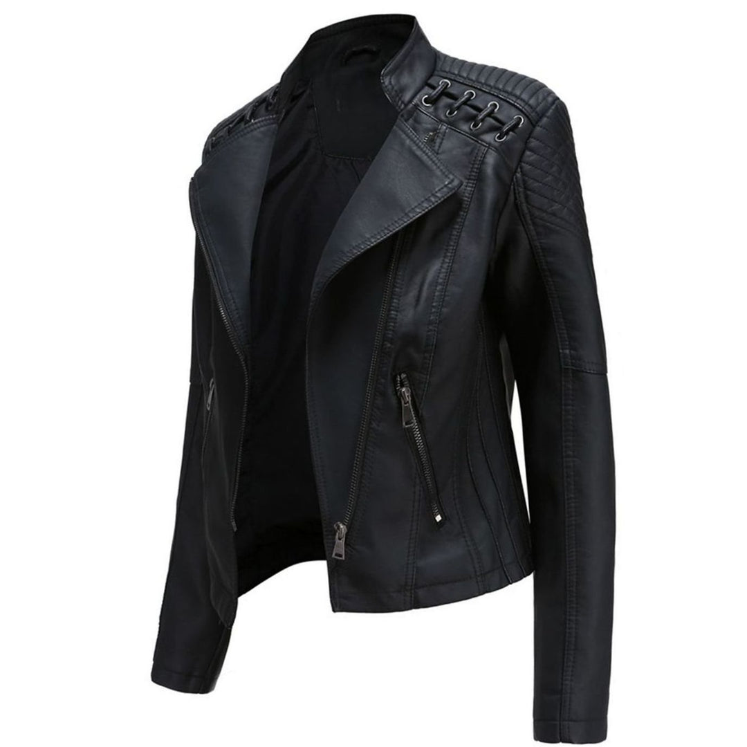 Women's Faux Leather Zipper Front Jacket Quilted Shoulder Moto