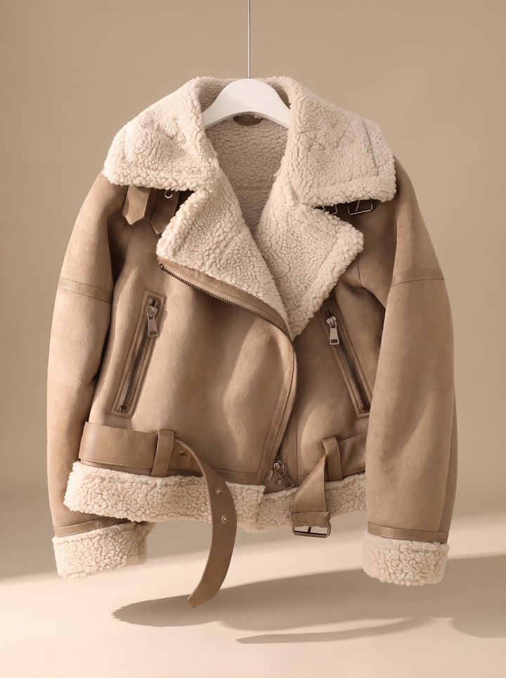 Women's Faux Shearling Aviator Jacket Belted Asymmetric Zip, Tan - Brown
