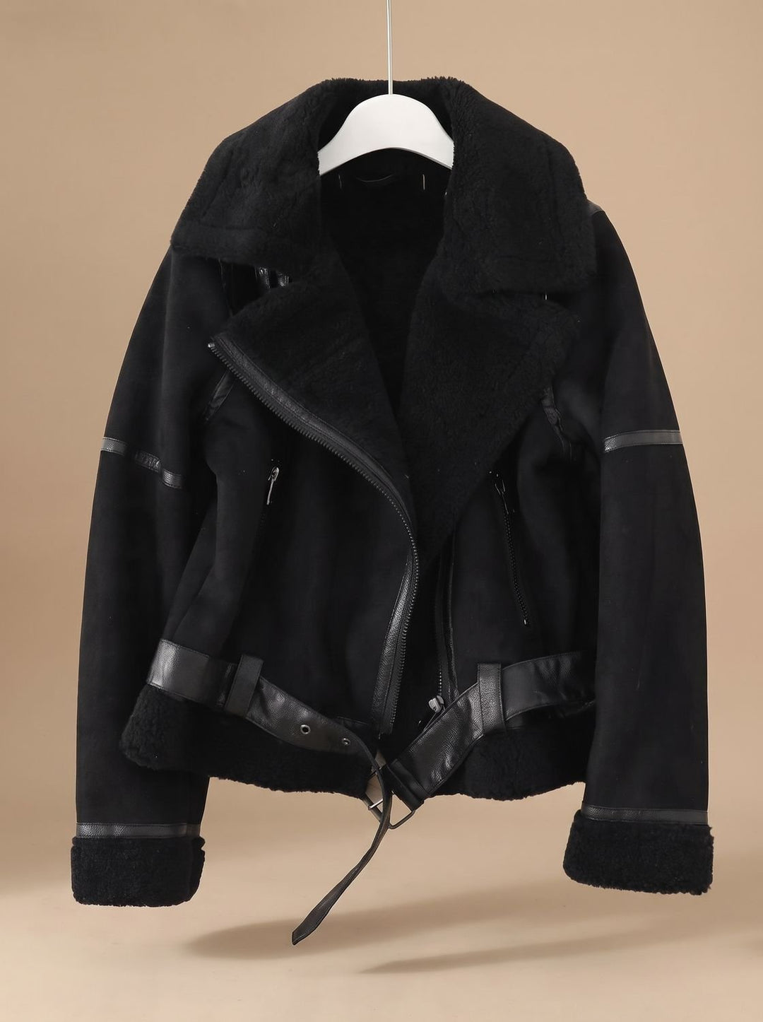 Women's Faux Shearling Aviator Jacket Belted Asymmetric Zip, Tan - Black