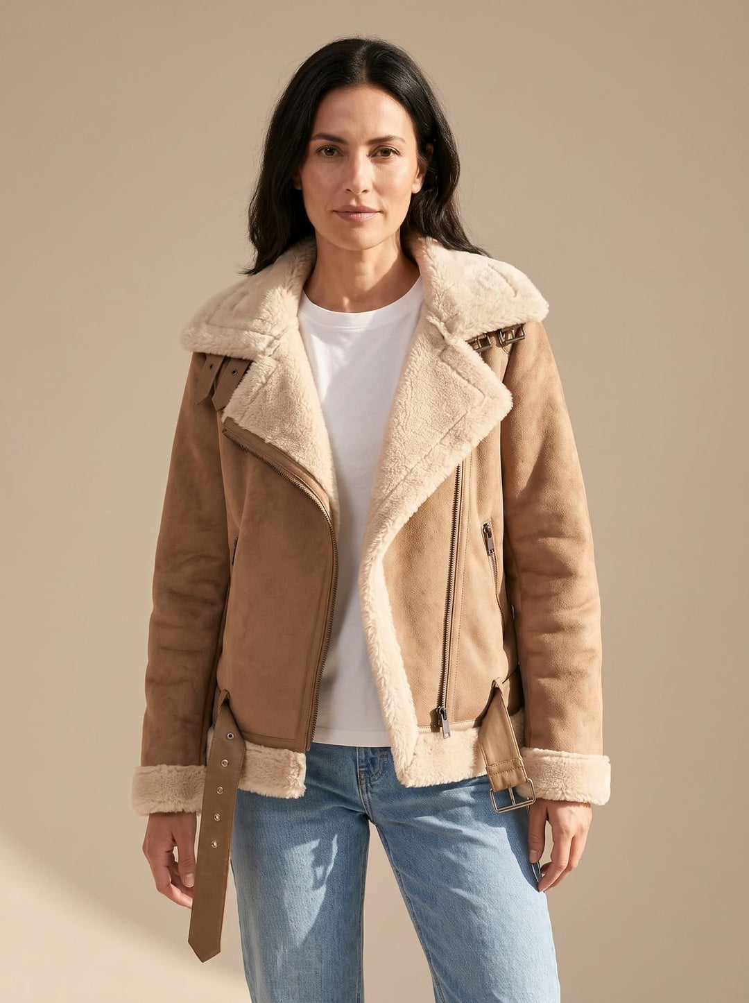 Women's Faux Shearling Aviator Jacket Belted Asymmetric Zip, Tan