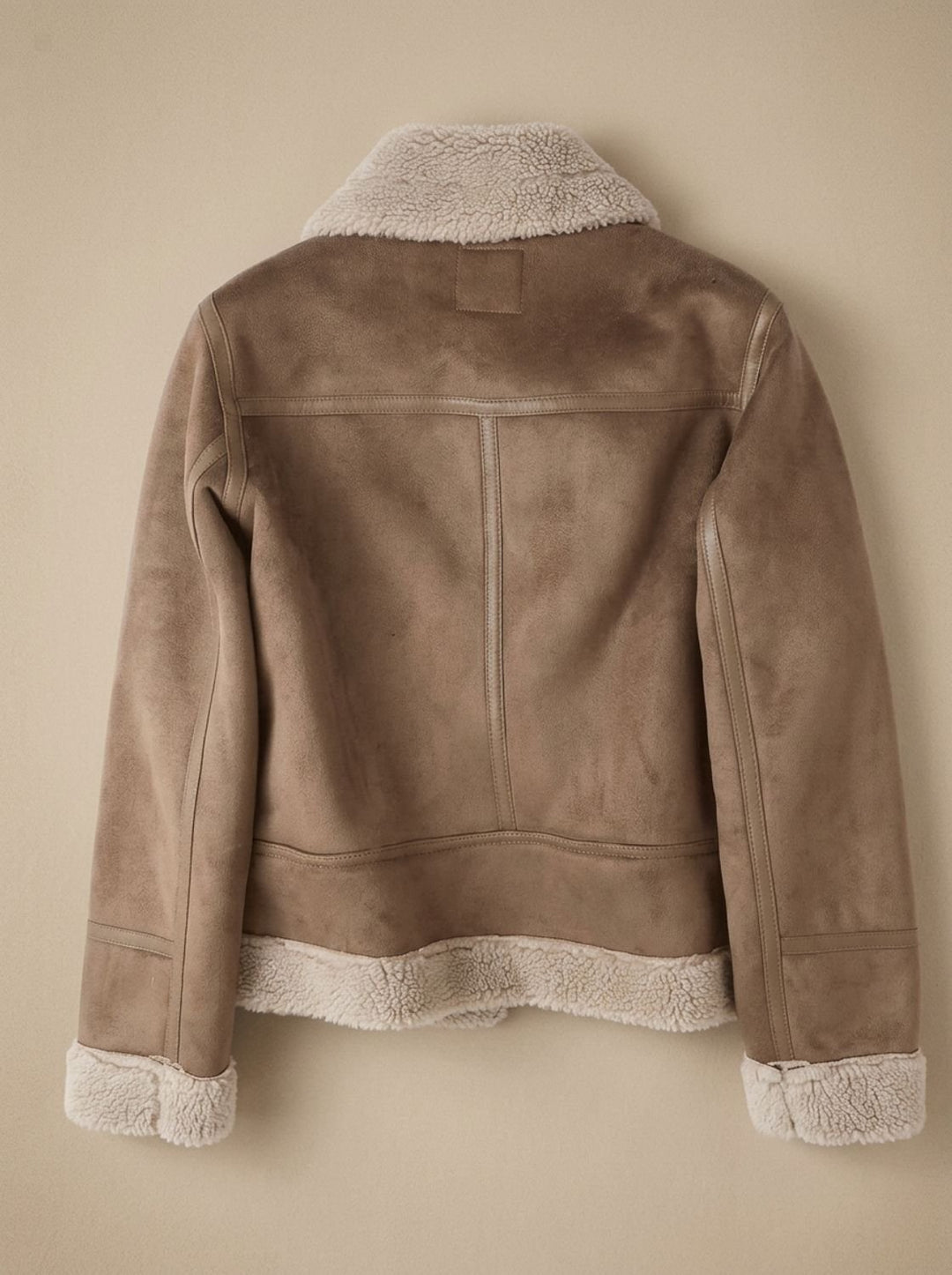 Women's Faux Shearling Aviator Jacket Belted Asymmetric Zip, Tan