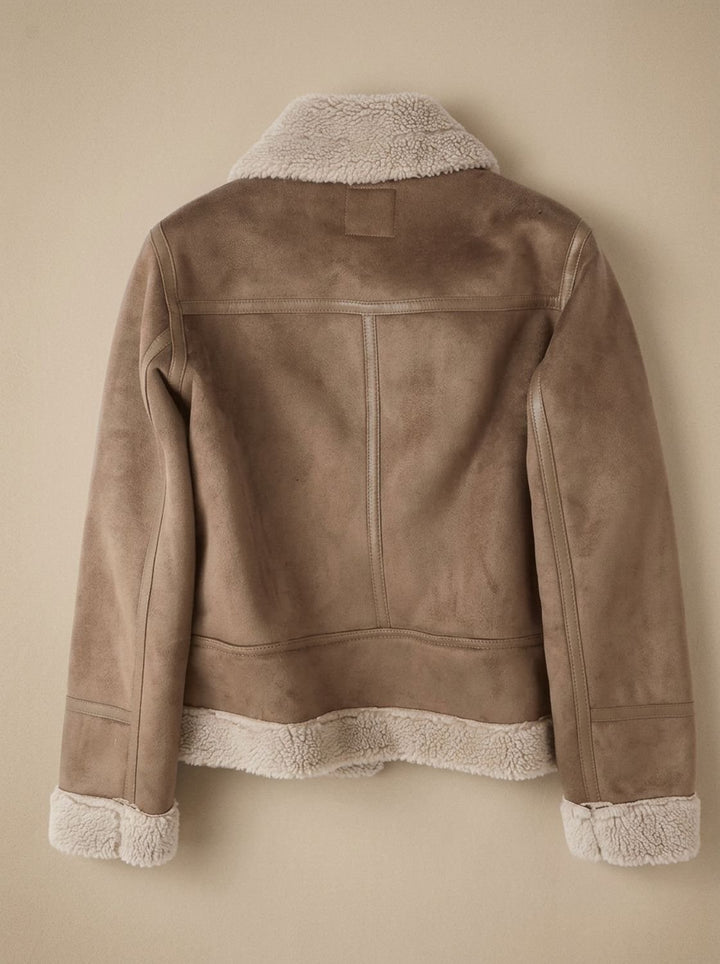 Women's Faux Shearling Aviator Jacket Belted Asymmetric Zip, Tan