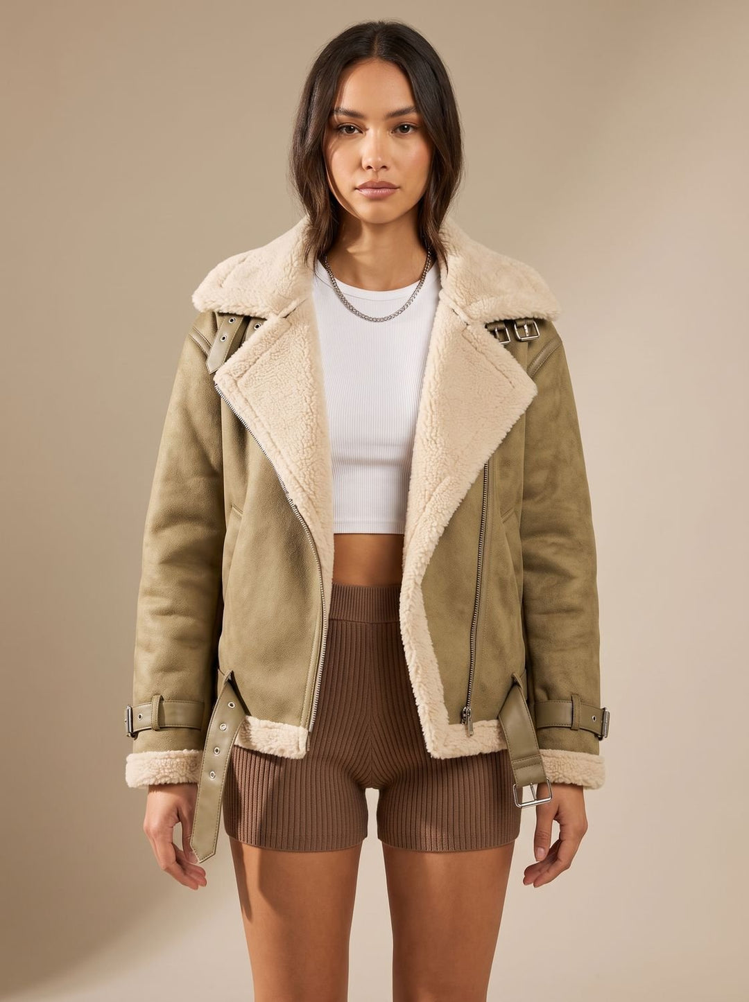 Women's Faux Shearling Aviator Jacket Belted Asymmetric Zip, Tan