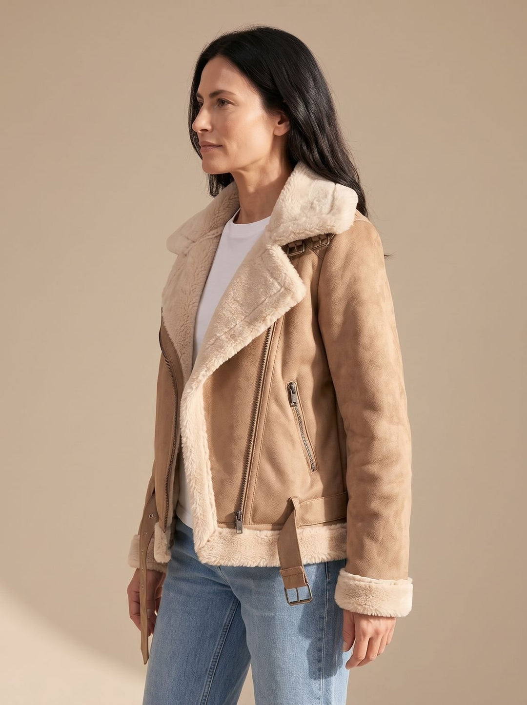 Women's Faux Shearling Aviator Jacket Belted Asymmetric Zip, Tan