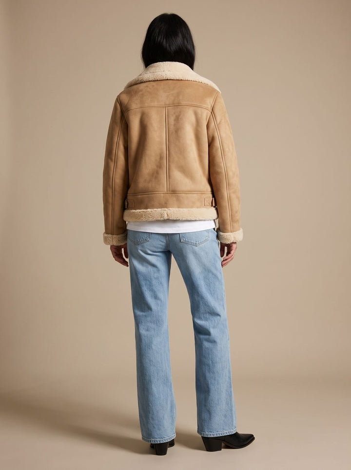 Women's Faux Shearling Aviator Jacket Belted Asymmetric Zip, Tan