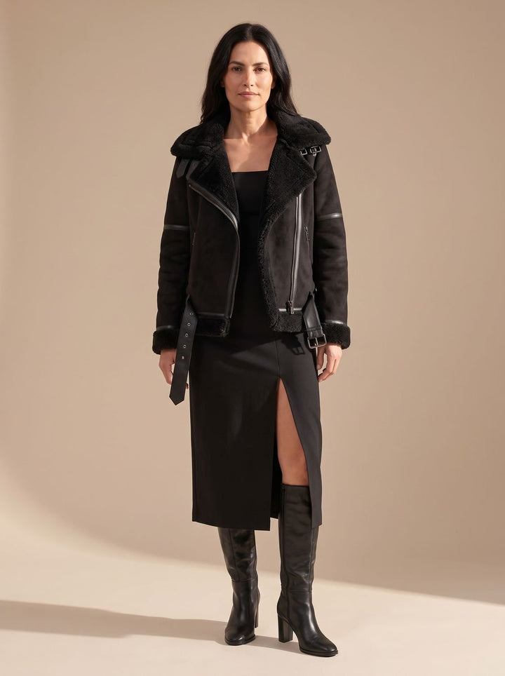 Women's Faux Shearling Aviator Jacket Belted Asymmetric Zip, Tan