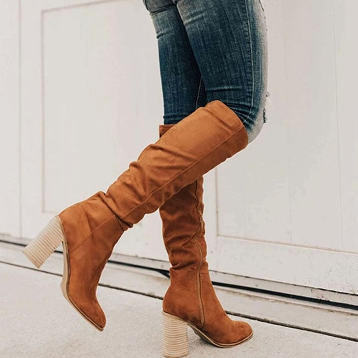 Women's Faux Suede Block-Heel Knee-High Boots - Brown