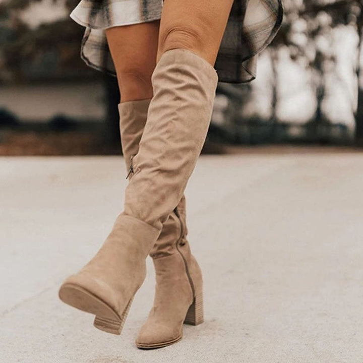 Women's Faux Suede Block-Heel Knee-High Boots - Beige
