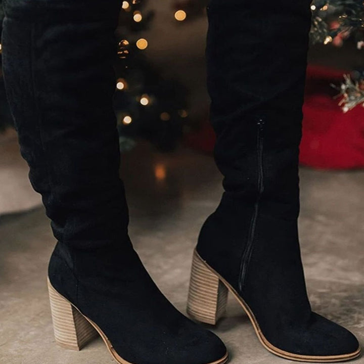 Women's Faux Suede Block-Heel Knee-High Boots - Black