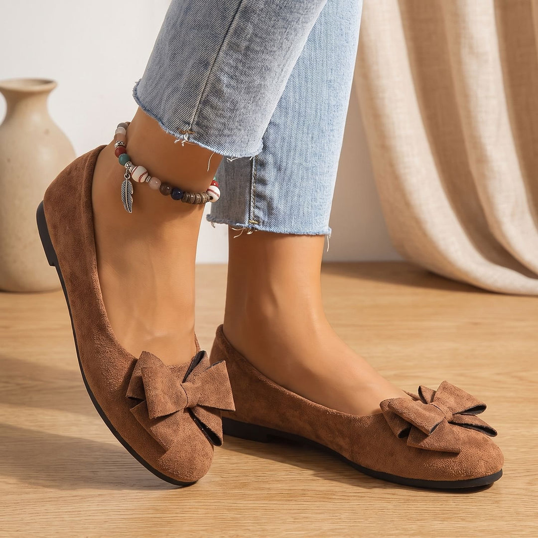 Women's Faux Suede Bow Slip-On Wedge Ballet Flats - Brown
