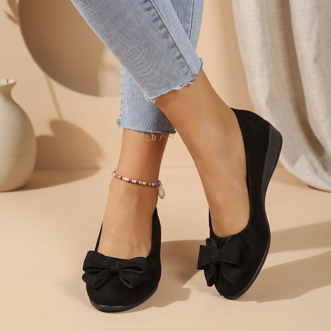 Women's Faux Suede Bow Slip-On Wedge Ballet Flats - Black
