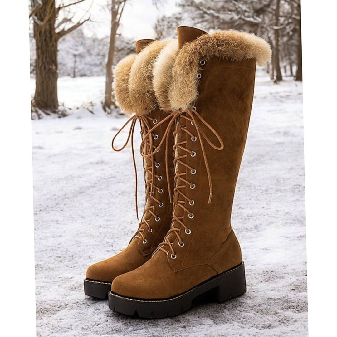 Women's Faux-Suede Lace-Up Knee-High Winter Snow Boots Plush Cuff - Camel
