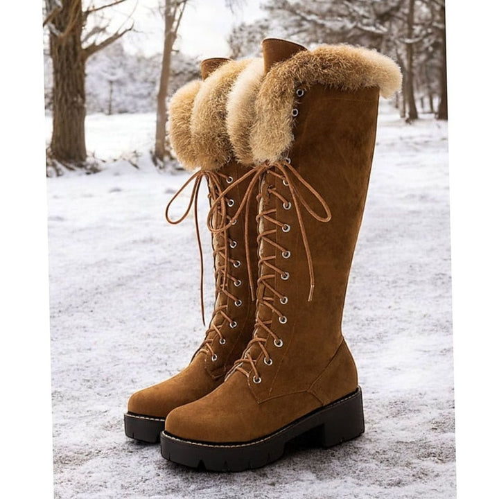 Women's Faux-Suede Lace-Up Knee-High Winter Snow Boots Plush Cuff - Camel