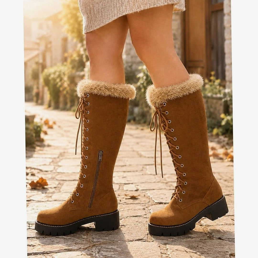 Women's Faux-Suede Lace-Up Knee-High Winter Snow Boots Plush Cuff