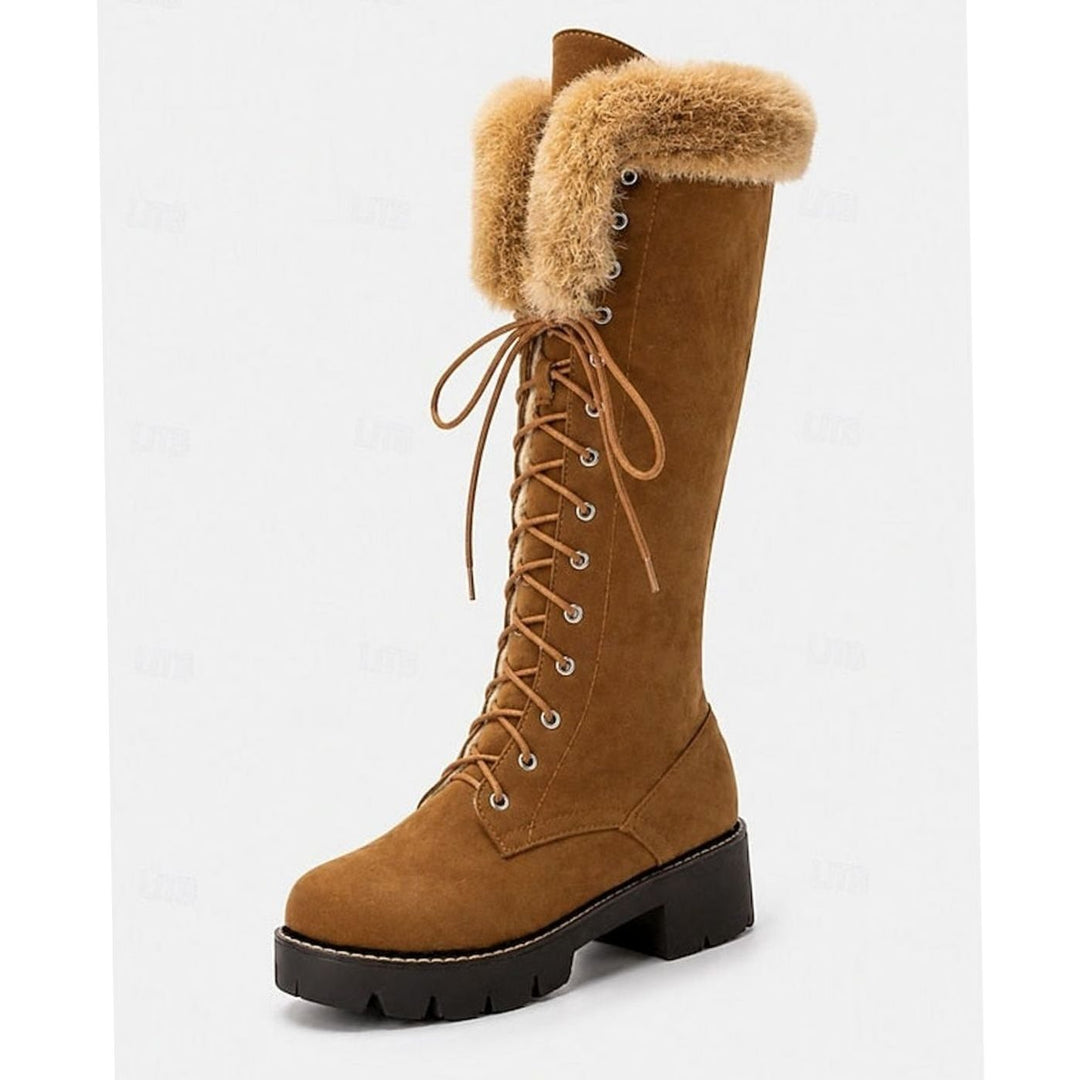 Women's Faux-Suede Lace-Up Knee-High Winter Snow Boots Plush Cuff