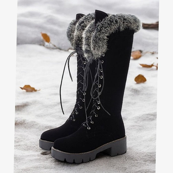 Women's Faux-Suede Lace-Up Knee-High Winter Snow Boots Plush Cuff - Black