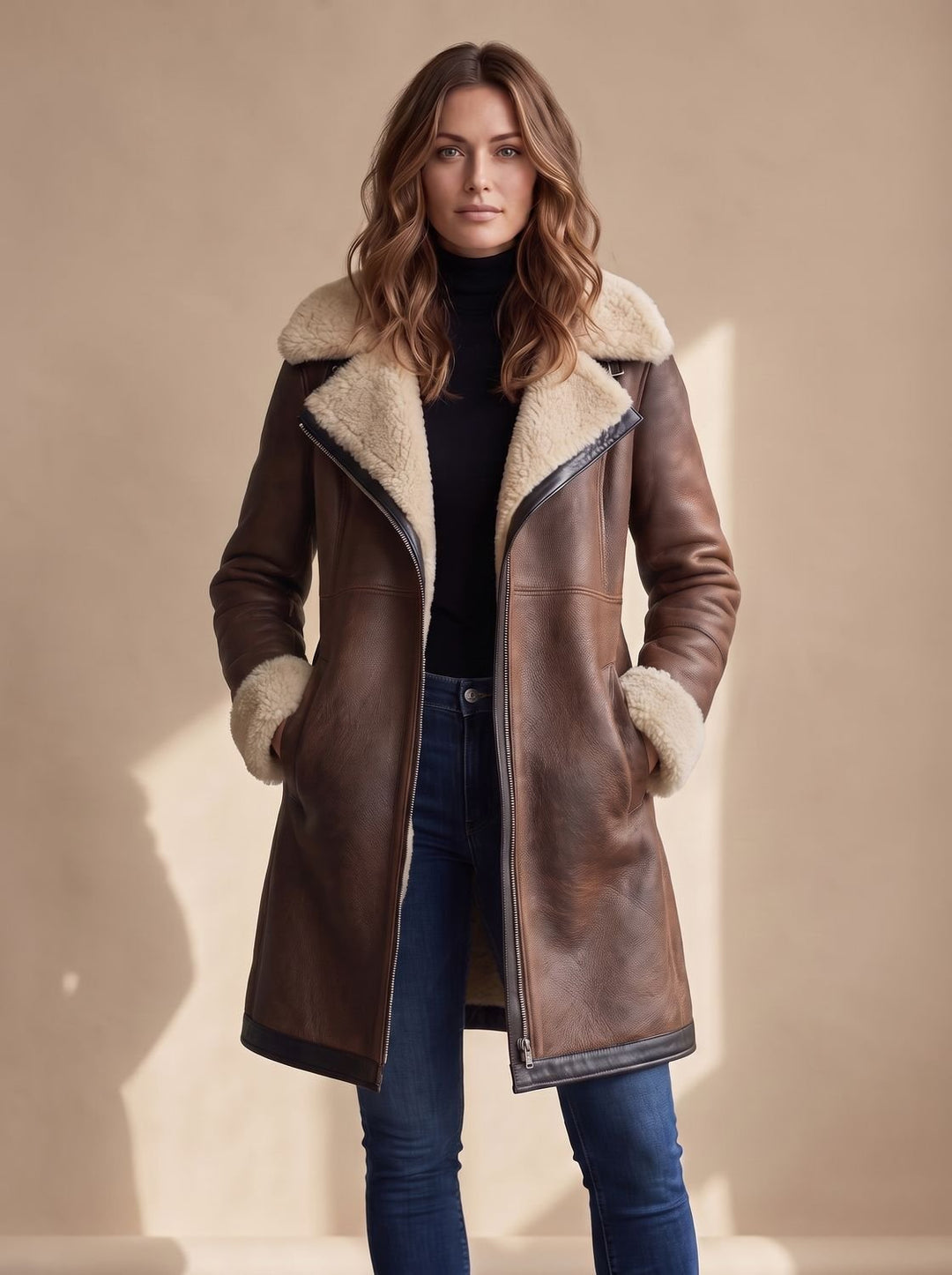 Women's Faux Suede Zip-Front Shearling-Lined Long Coat - Dark Brown