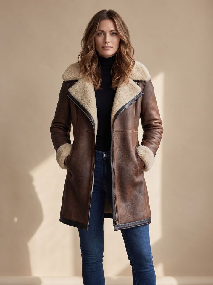 Women's Faux Suede Zip-Front Shearling-Lined Long Coat