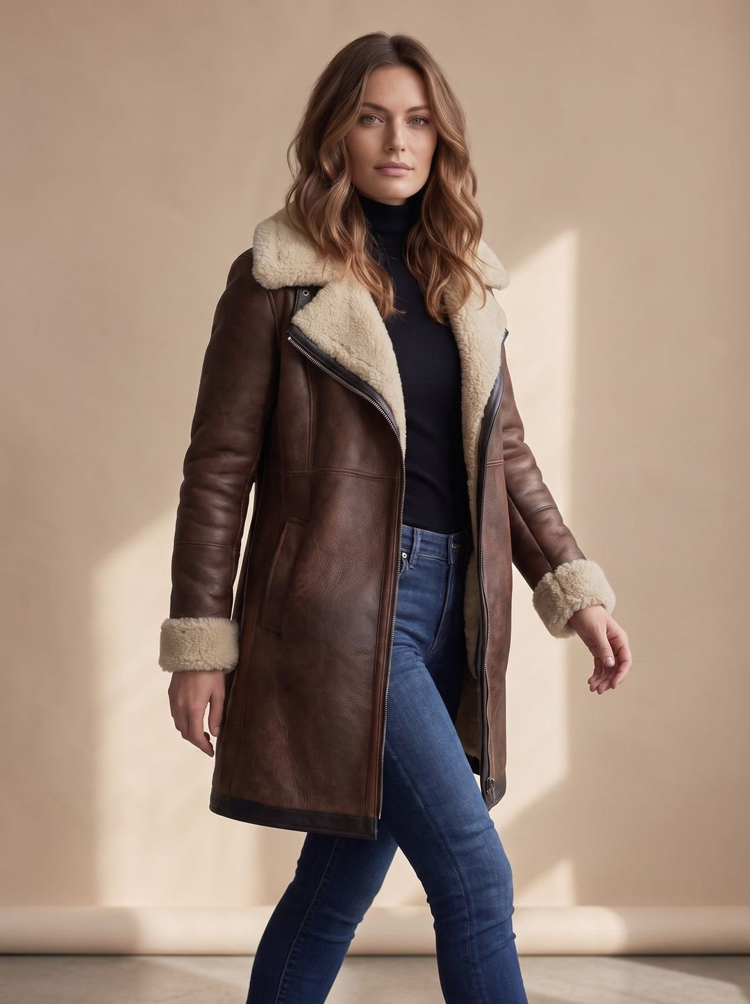 Women's Faux Suede Zip-Front Shearling-Lined Long Coat