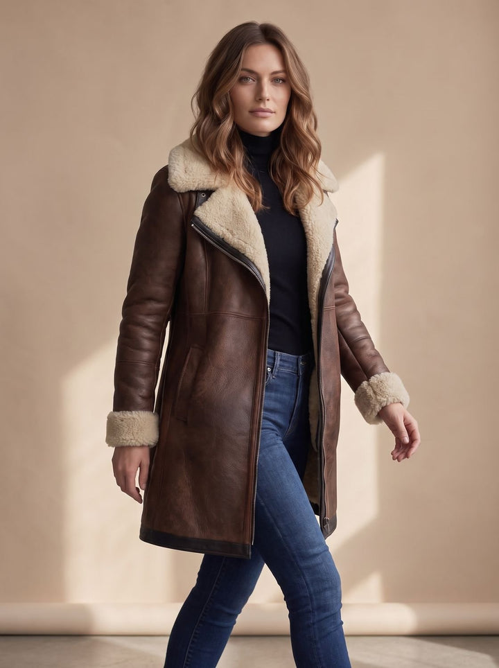 Women's Faux Suede Zip-Front Shearling-Lined Long Coat
