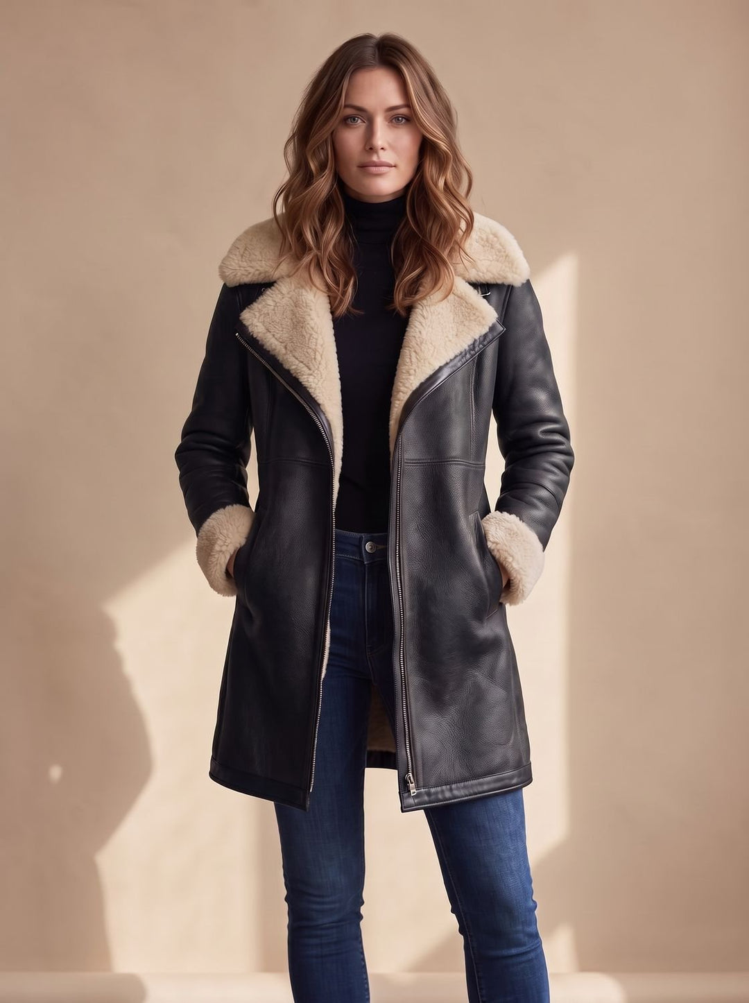 Women's Faux Suede Zip-Front Shearling-Lined Long Coat