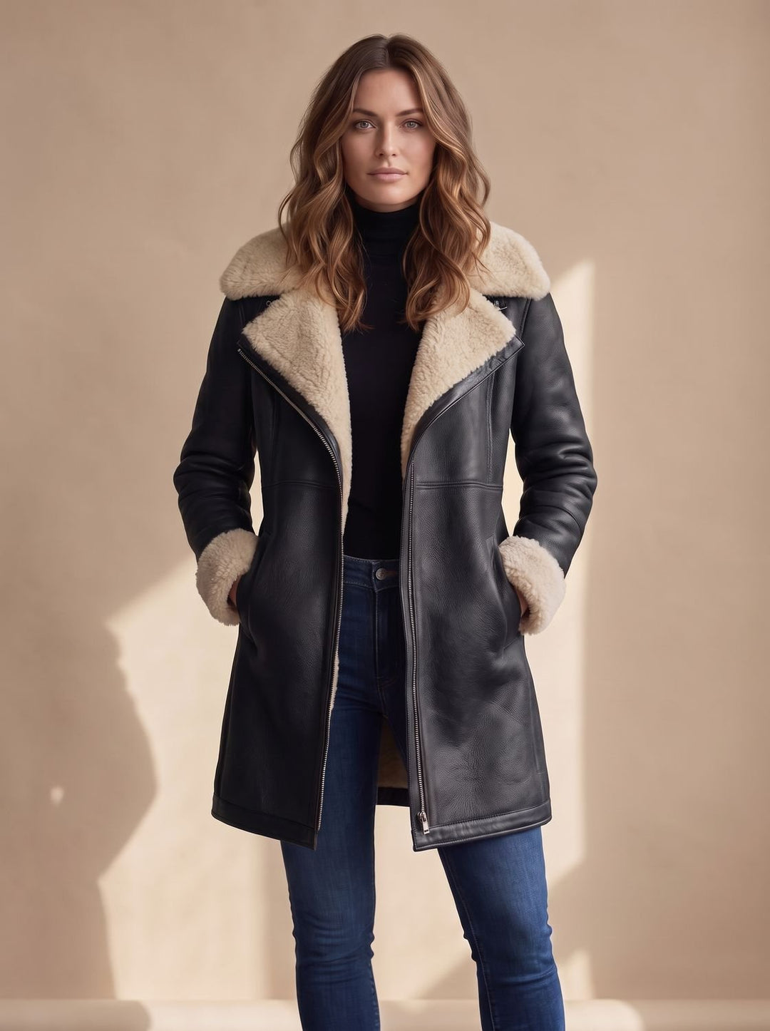 Women's Faux Suede Zip-Front Shearling-Lined Long Coat - Black