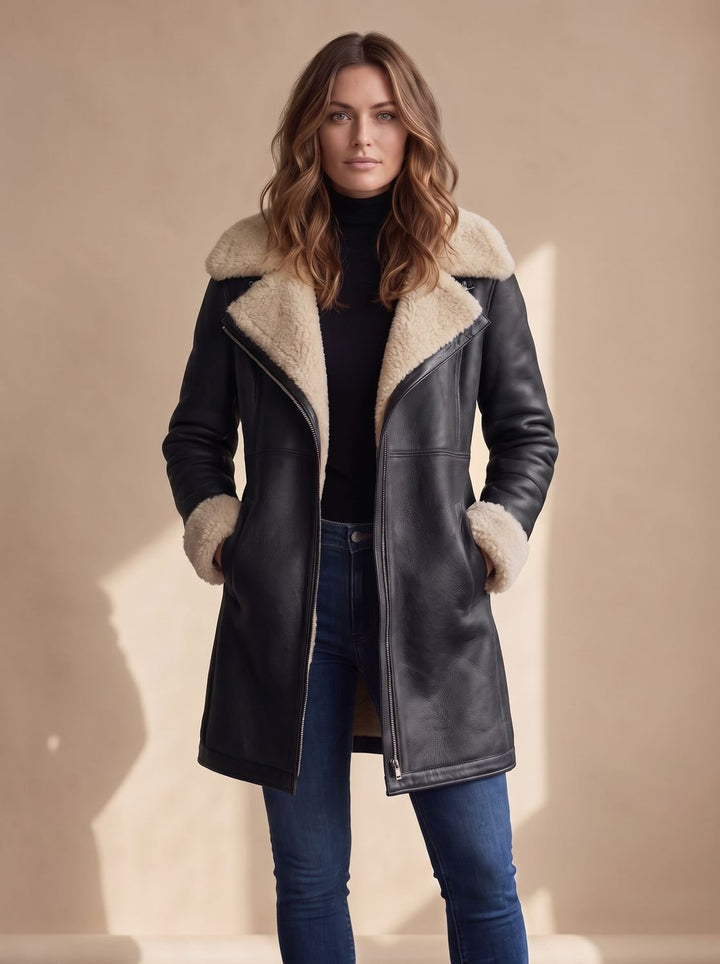 Women's Faux Suede Zip-Front Shearling-Lined Long Coat - Black
