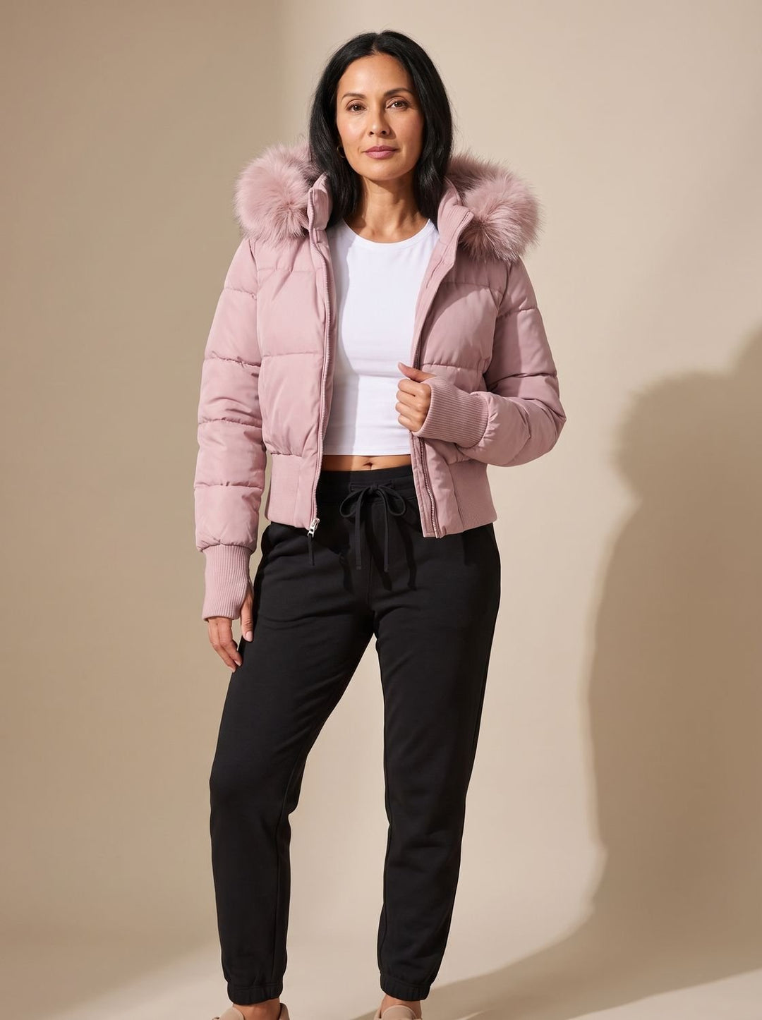 Women's Fitted Faux-Fur Hood Cropped Puffer Jacket - Red