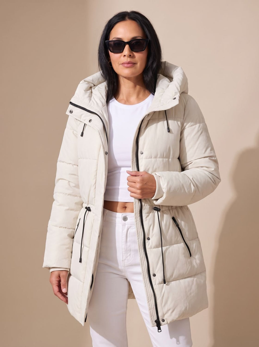 Women's Fitted Faux-Fur Hood Cropped Puffer Jacket - White