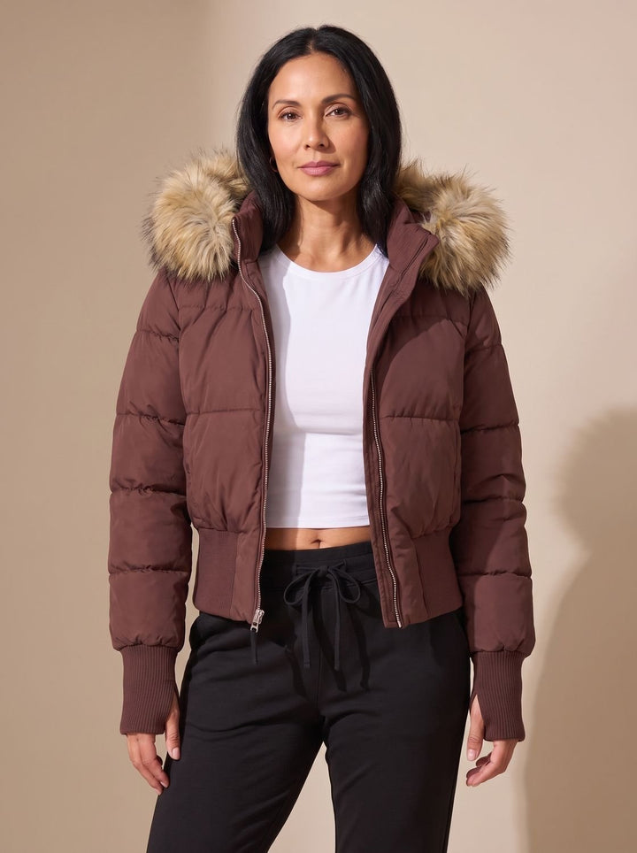 Women's Fitted Faux-Fur Hood Cropped Puffer Jacket - Brown