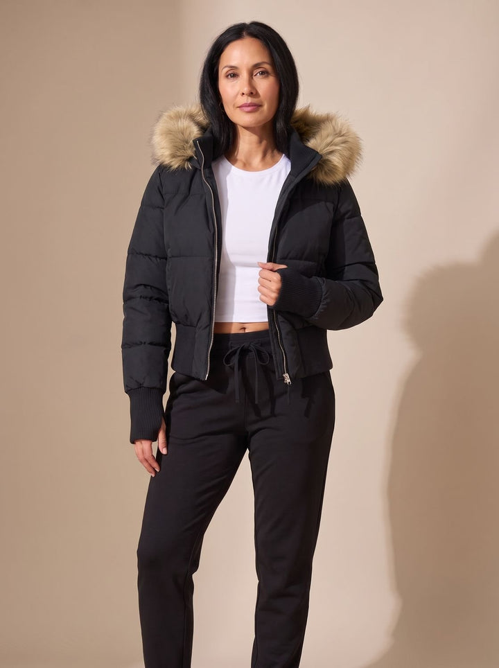 Women's Fitted Faux-Fur Hood Cropped Puffer Jacket - Black