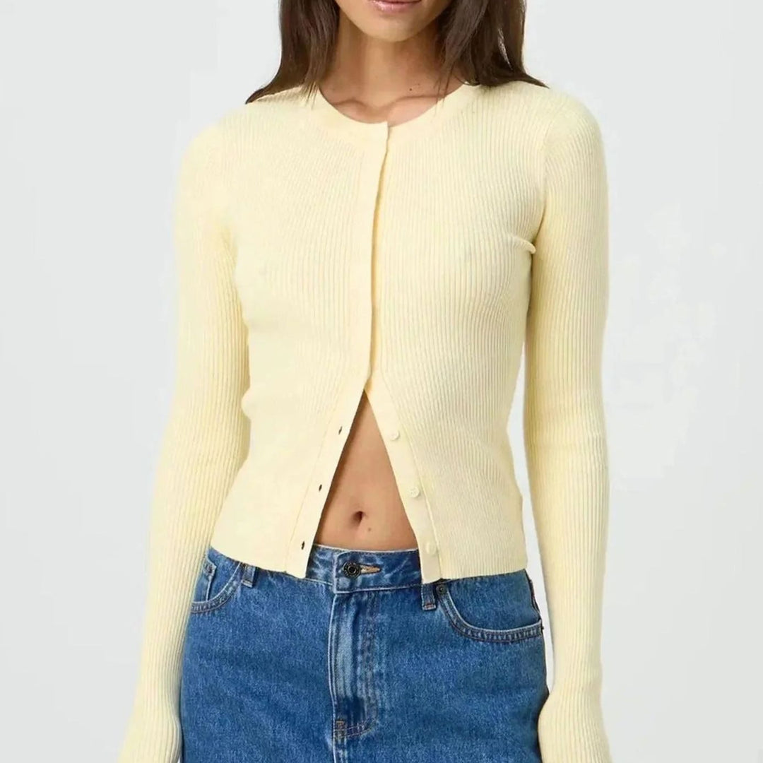 Women's Fitted Ribbed Long-Sleeve Cropped Cardigan - Yellow