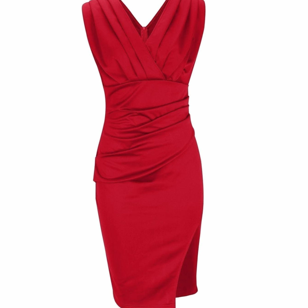 Women's Fitted V-Neck Ruched Bodycon Cocktail Dress Thigh Slit