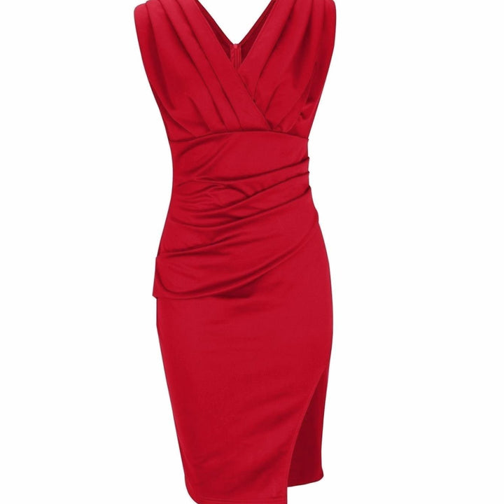 Women's Fitted V-Neck Ruched Bodycon Cocktail Dress Thigh Slit