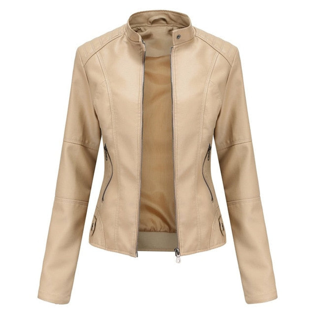 Women's Fitted Zip-Up Moto Faux Leather Jacket - Beige