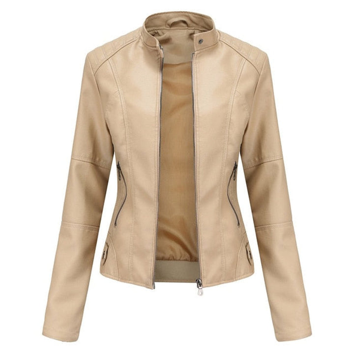 Women's Fitted Zip-Up Moto Faux Leather Jacket - Beige