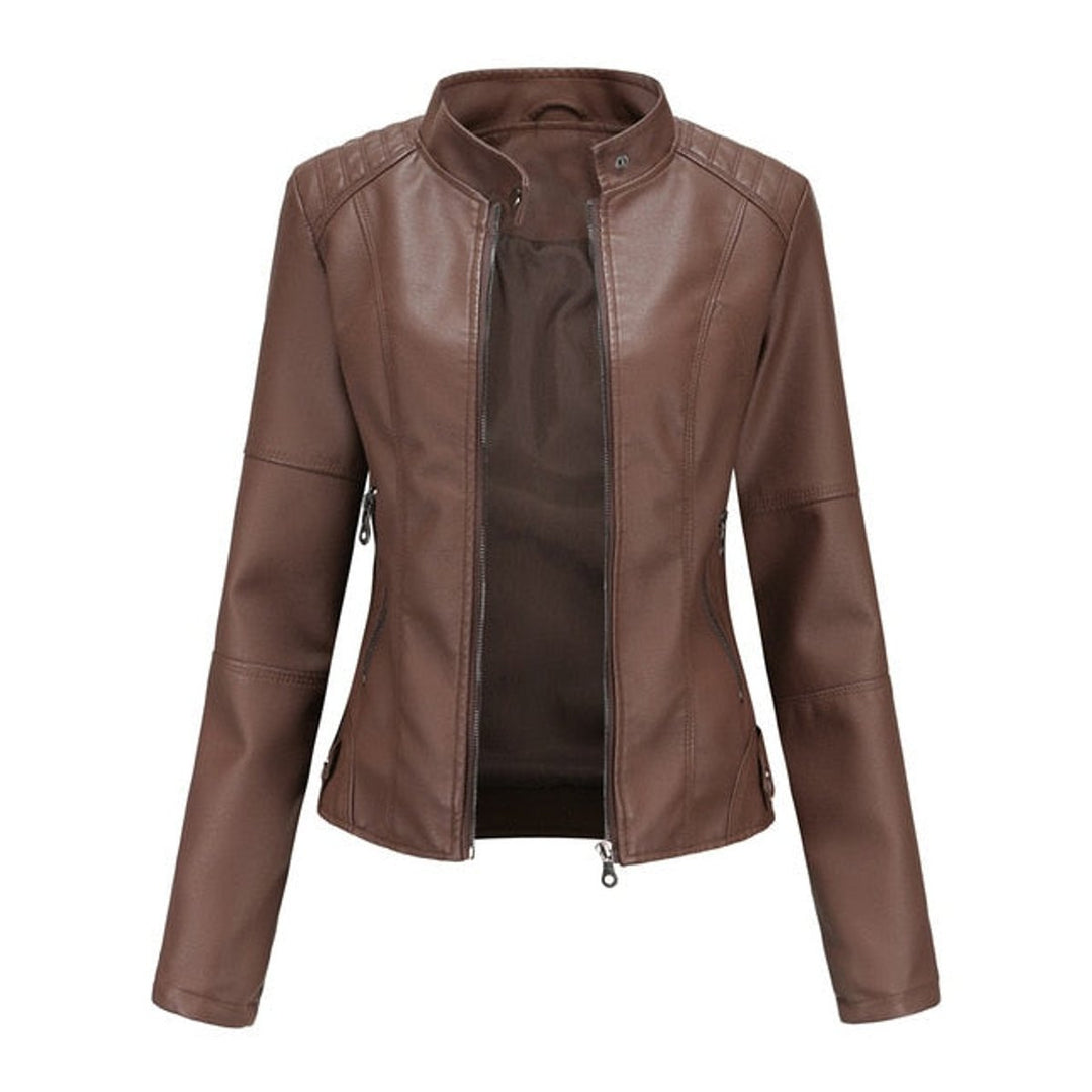 Women's Fitted Zip-Up Moto Faux Leather Jacket - Brown