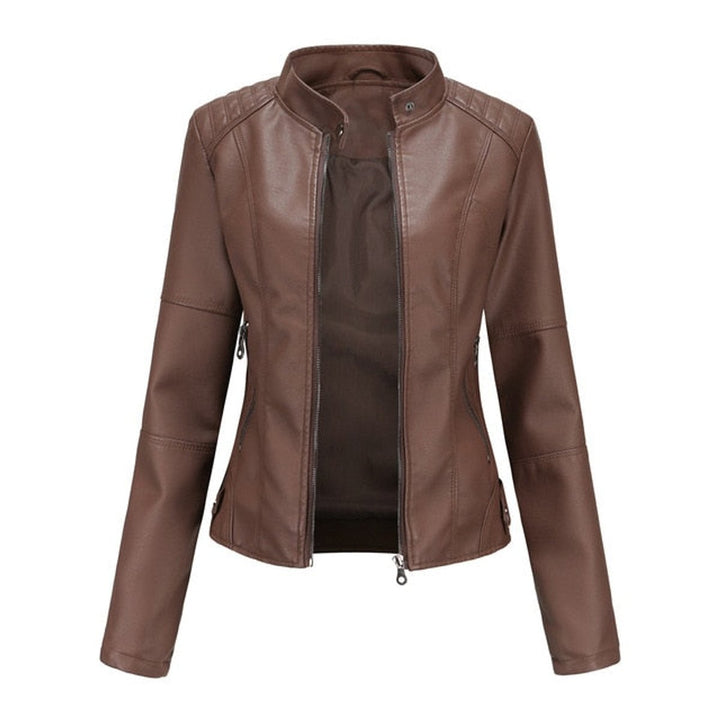 Women's Fitted Zip-Up Moto Faux Leather Jacket - Brown