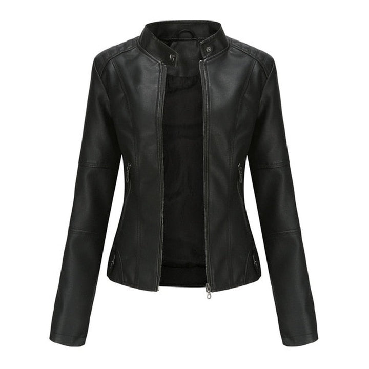 Women's Fitted Zip-Up Moto Faux Leather Jacket - Black