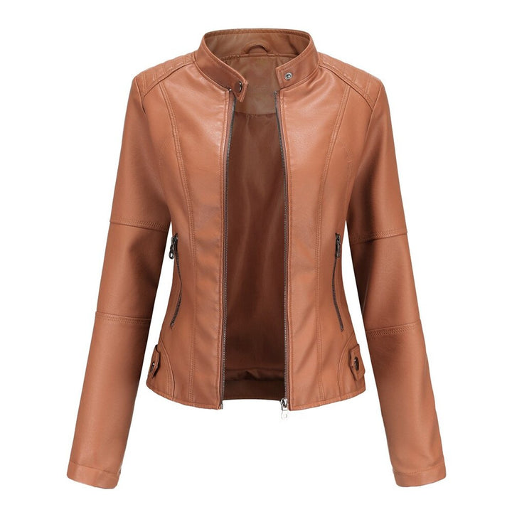 Women's Fitted Zip-Up Moto Faux Leather Jacket - Red-Brown