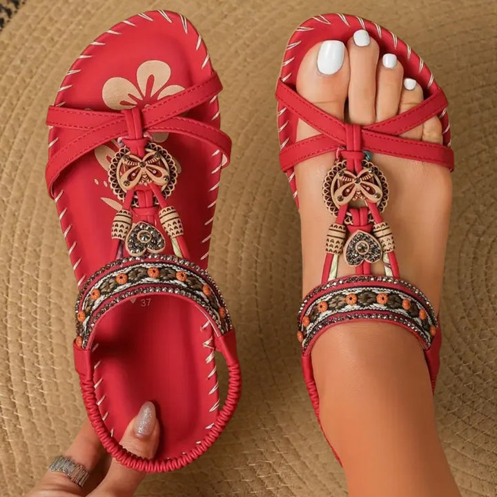 Women's Flat Boho Beaded T-Strap Summer Sandals - Red