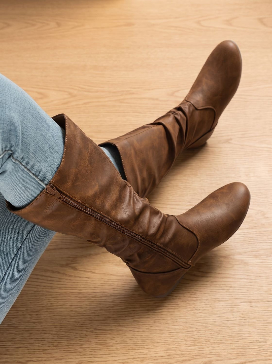 Women's Flat-Heel Slouchy Knee High Boots Round Toe