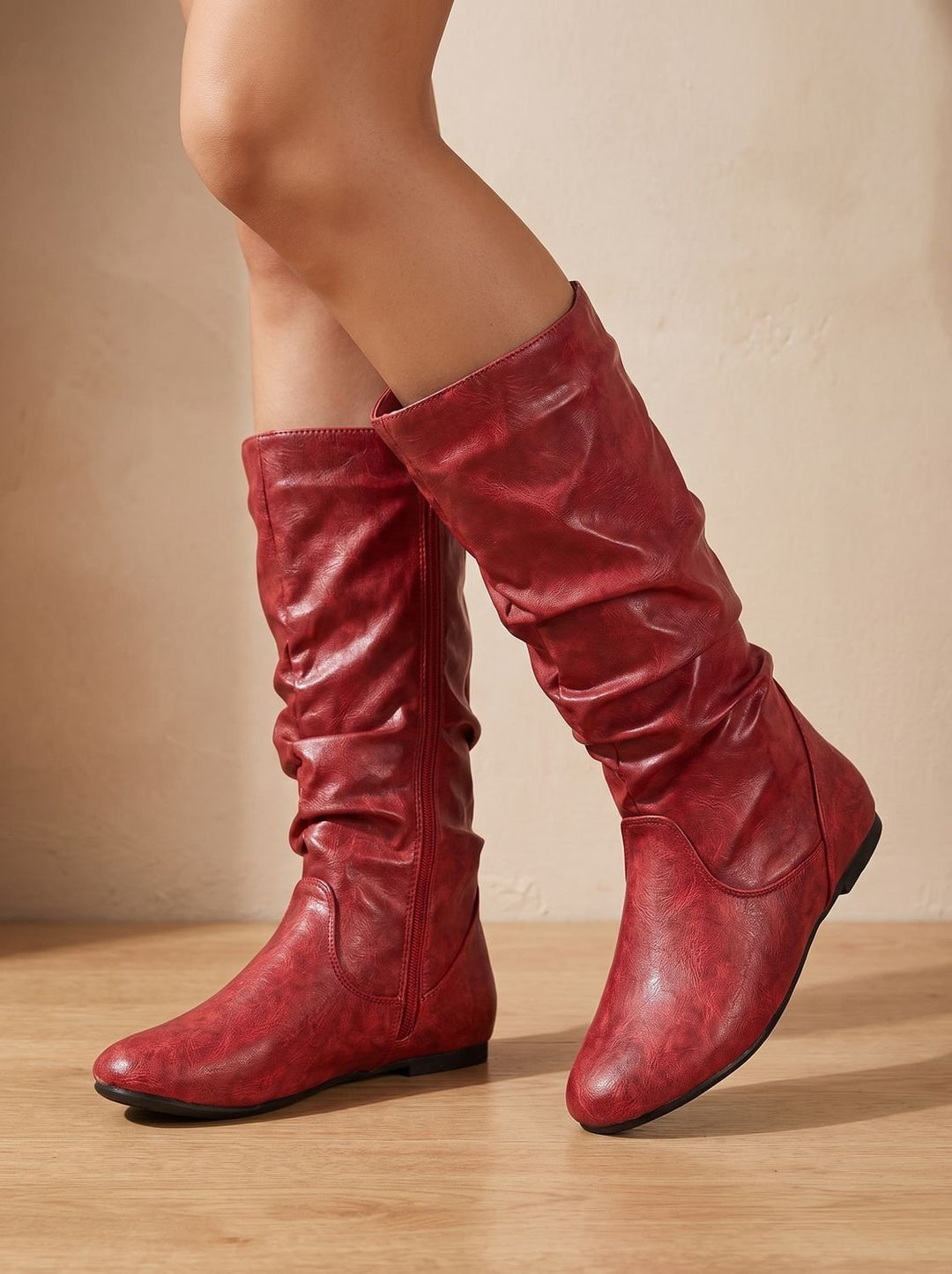 Women's Flat-Heel Slouchy Knee High Boots Round Toe - Red