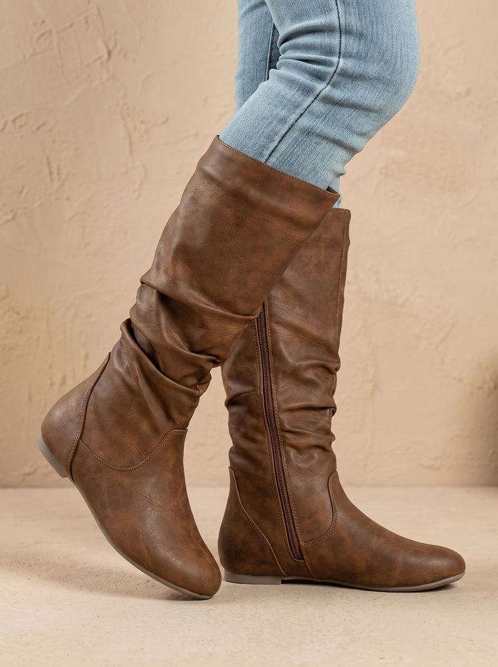 Women's Flat-Heel Slouchy Knee High Boots Round Toe