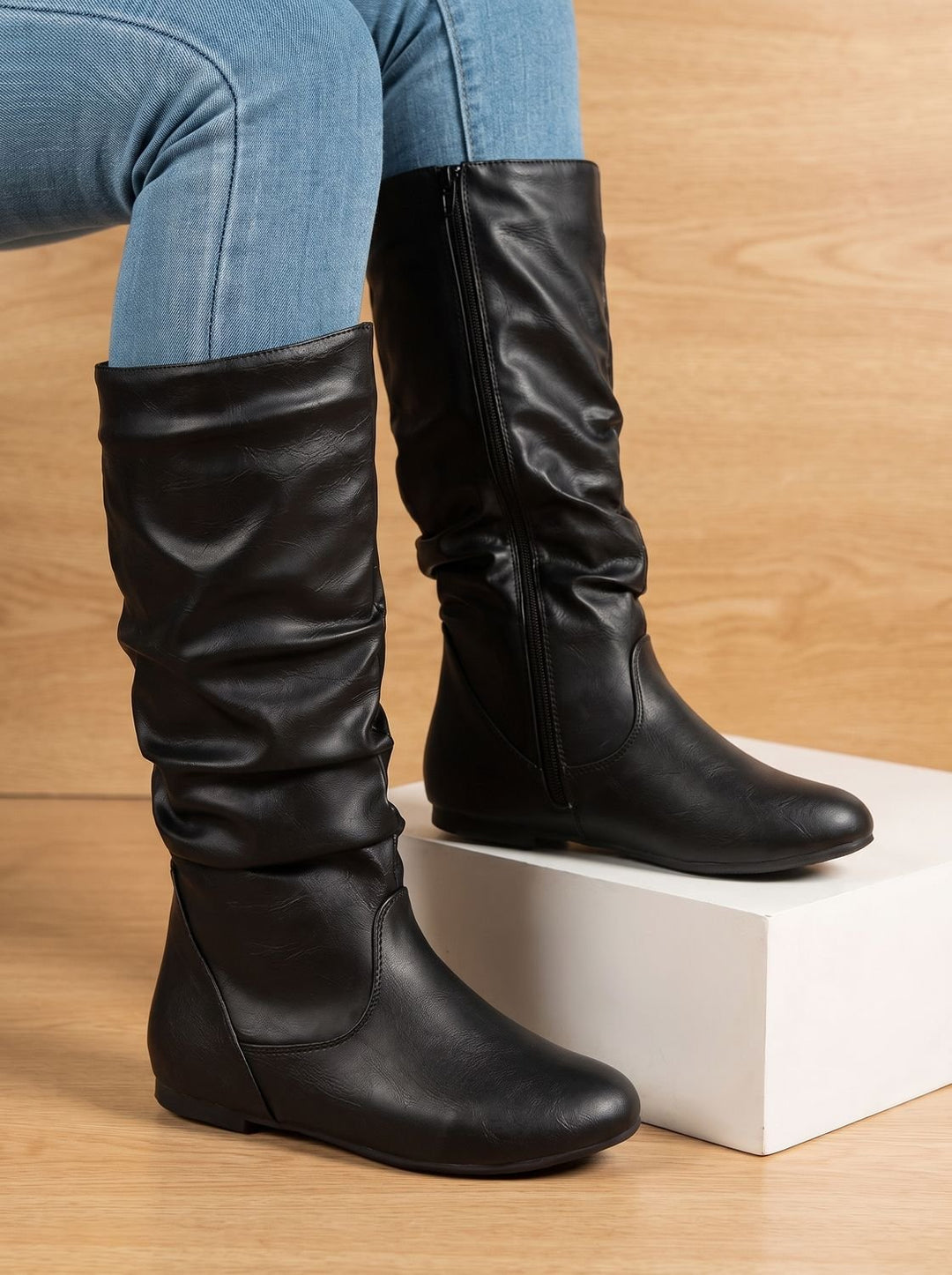 Women's Flat-Heel Slouchy Knee High Boots Round Toe